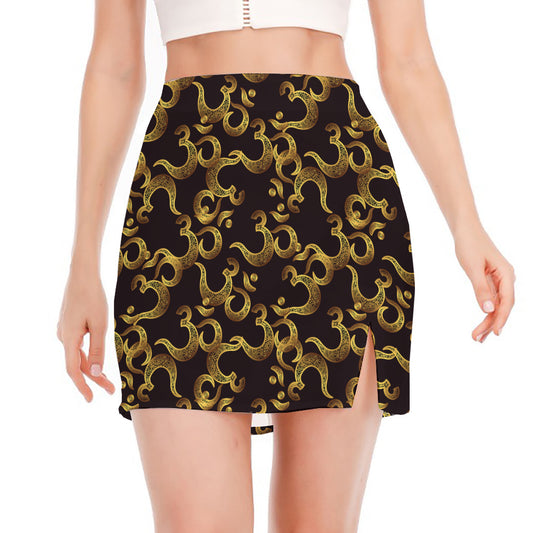 Gold Om Symbol Pattern Print Side Slit Mini Skirt
