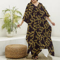 Gold Om Symbol Pattern Print Silk V-Neck Kaftan Dress