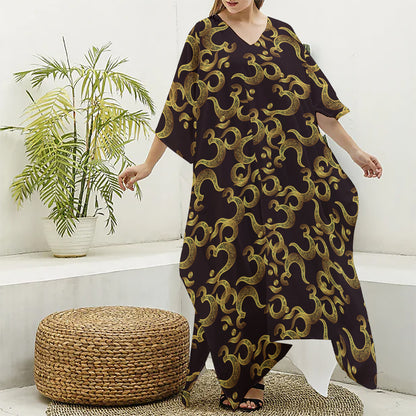 Gold Om Symbol Pattern Print Silk V-Neck Kaftan Dress