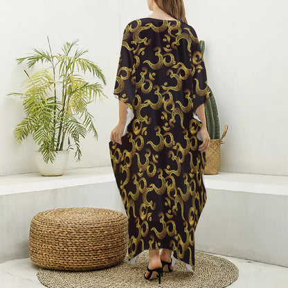 Gold Om Symbol Pattern Print Silk V-Neck Kaftan Dress