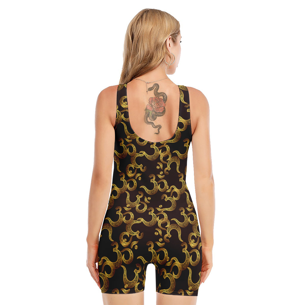 Gold Om Symbol Pattern Print Sleeveless One Piece Swimsuit