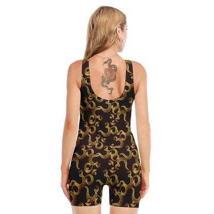 Gold Om Symbol Pattern Print Sleeveless One Piece Swimsuit
