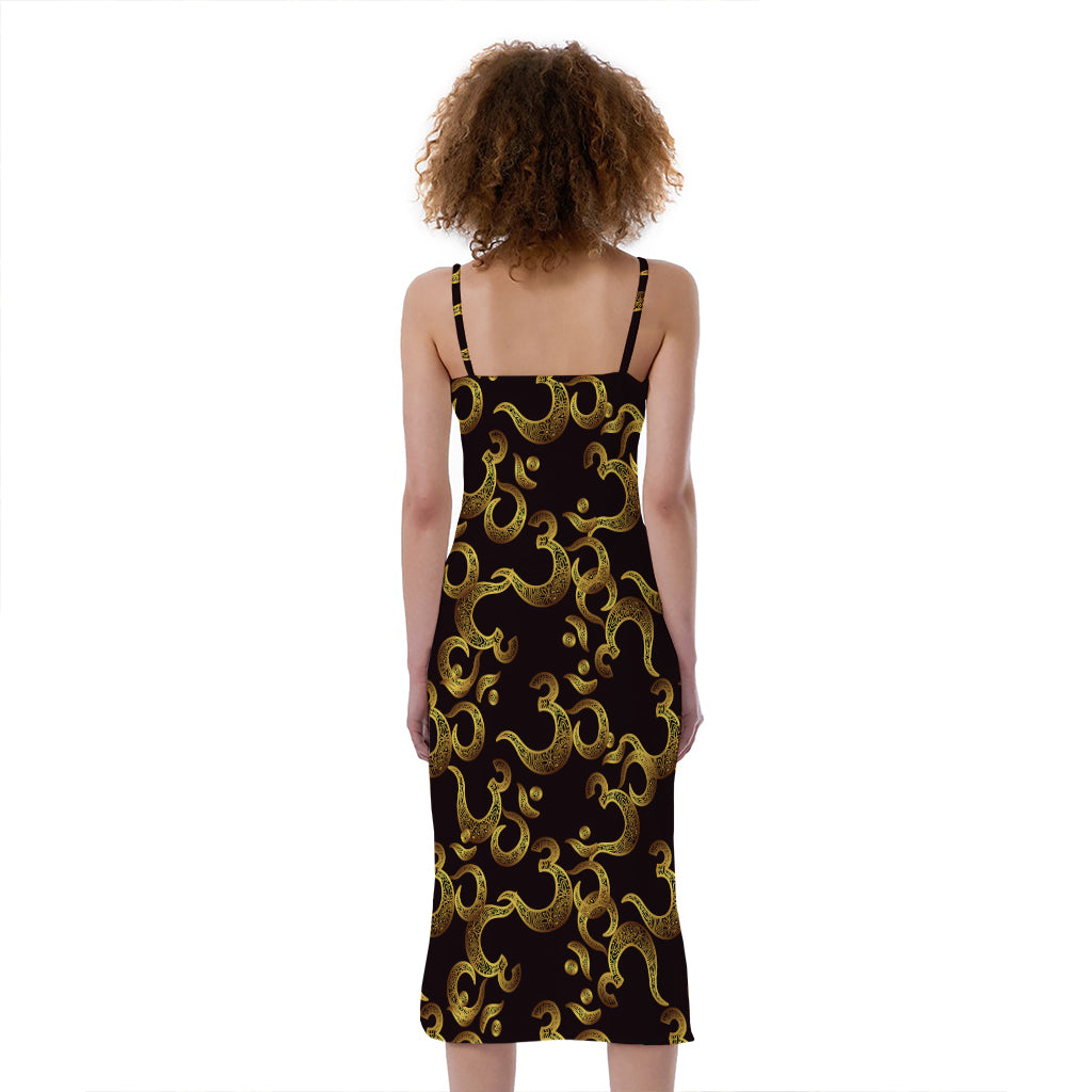 Gold Om Symbol Pattern Print Slim Fit Midi Cami Dress