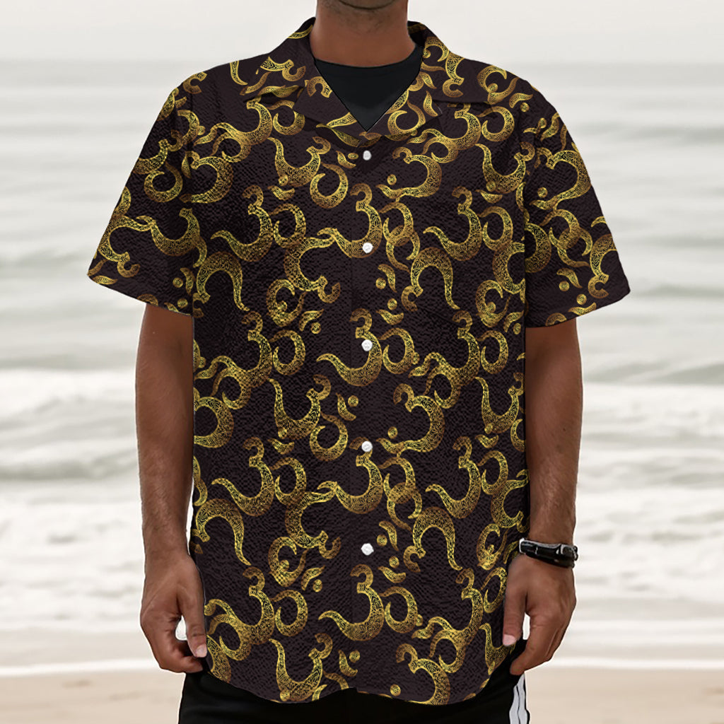 Gold Om Symbol Pattern Print Textured Short Sleeve Shirt