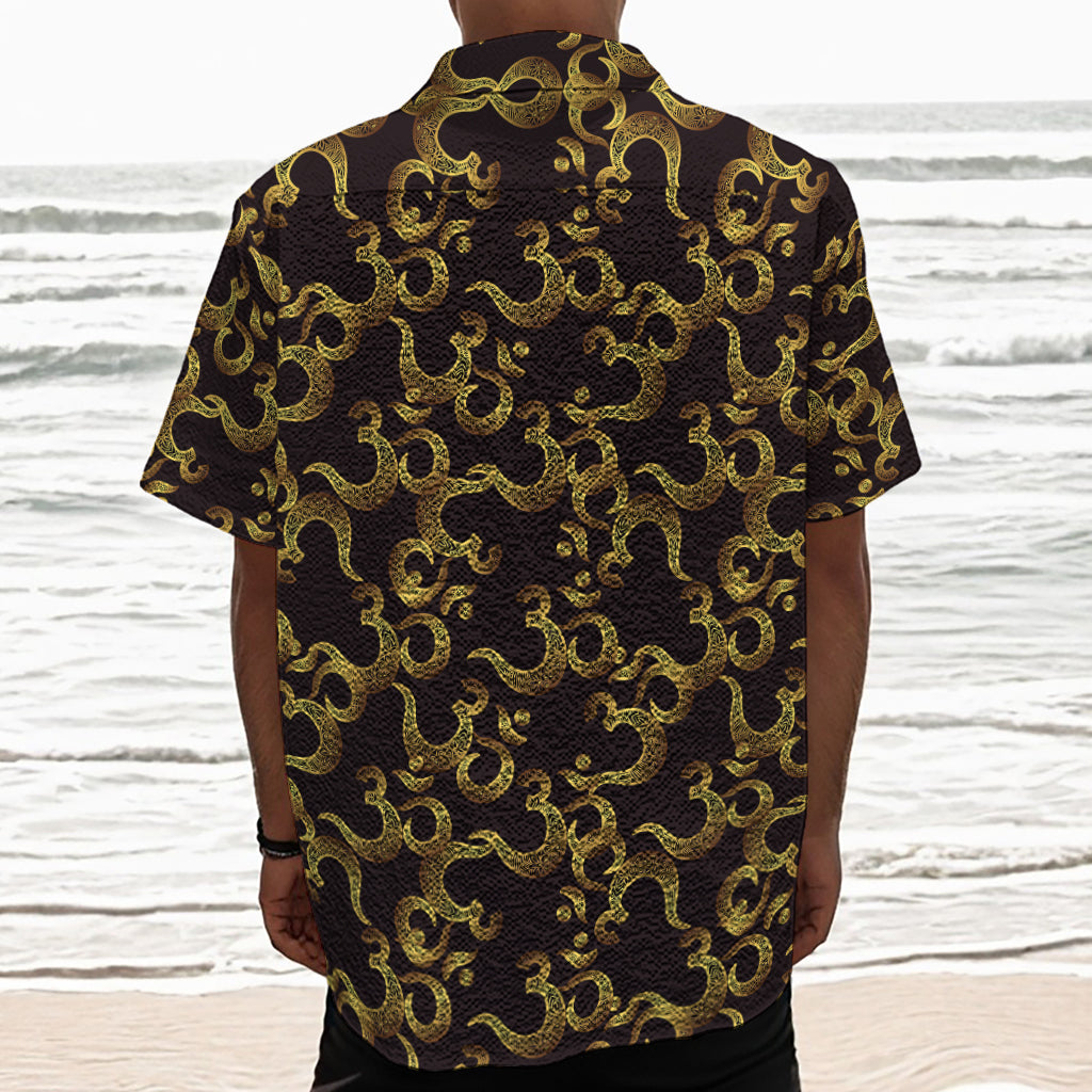 Gold Om Symbol Pattern Print Textured Short Sleeve Shirt