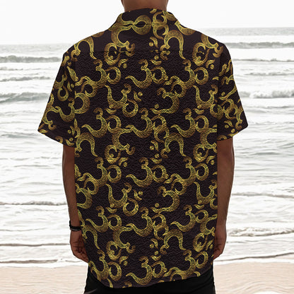 Gold Om Symbol Pattern Print Textured Short Sleeve Shirt
