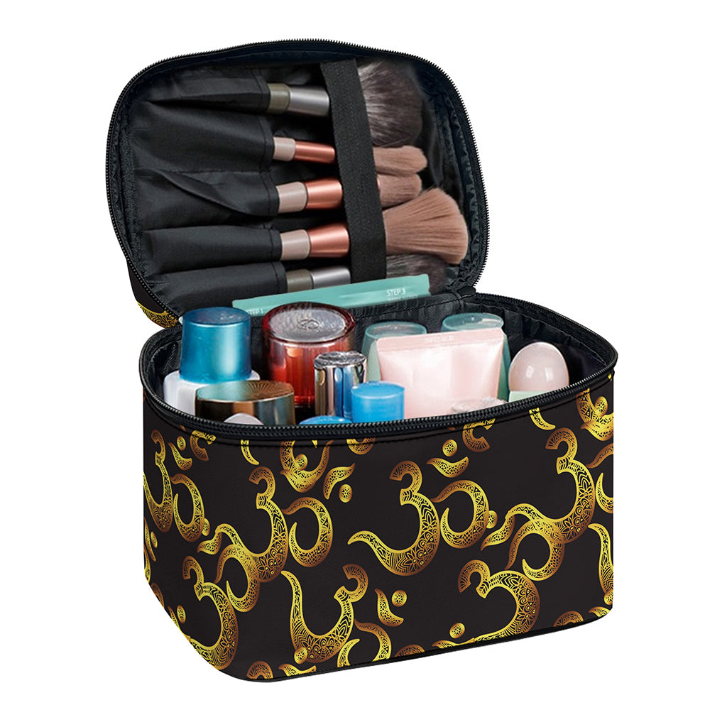 Gold Om Symbol Pattern Print Travel Makeup Bag