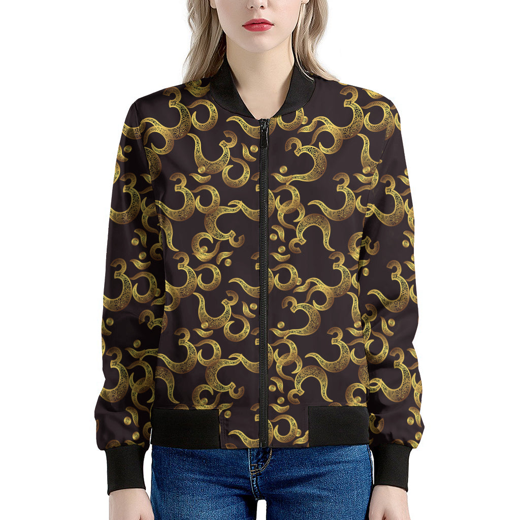 Gold Om Symbol Pattern Print Women's Bomber Jacket