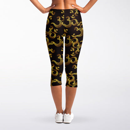 Gold Om Symbol Pattern Print Women's Capri Leggings