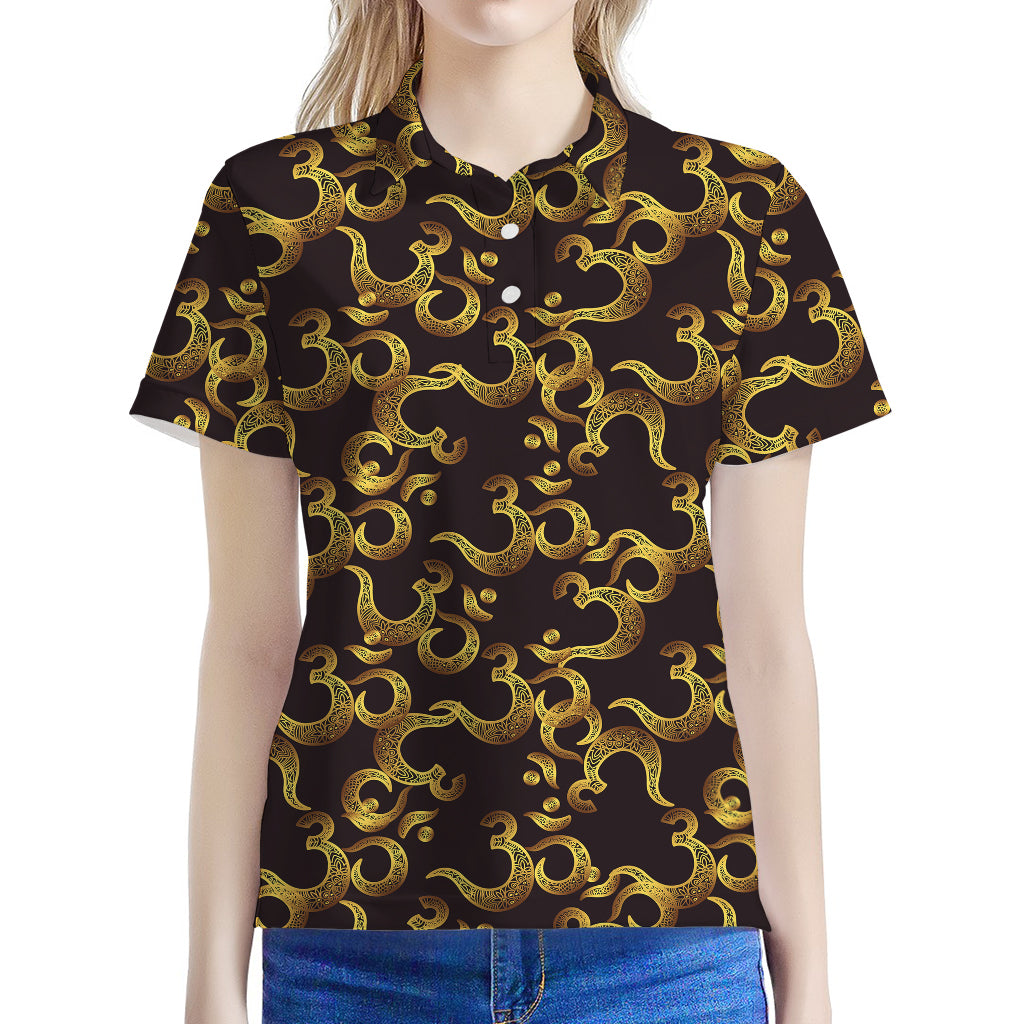 Gold Om Symbol Pattern Print Women's Polo Shirt
