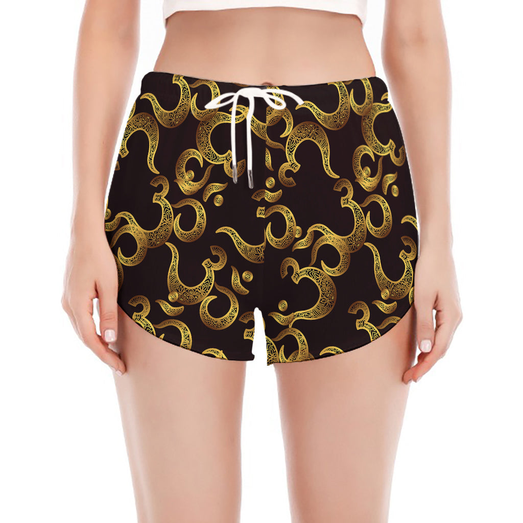 Gold Om Symbol Pattern Print Women's Split Running Shorts