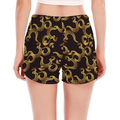 Gold Om Symbol Pattern Print Women's Split Running Shorts