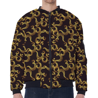 Gold Om Symbol Pattern Print Zip Sleeve Bomber Jacket