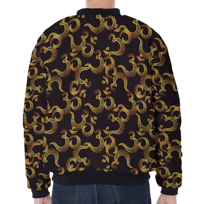 Gold Om Symbol Pattern Print Zip Sleeve Bomber Jacket