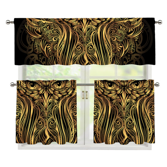 Gold Owl Spirit Print 3 Piece Kitchen Curtains