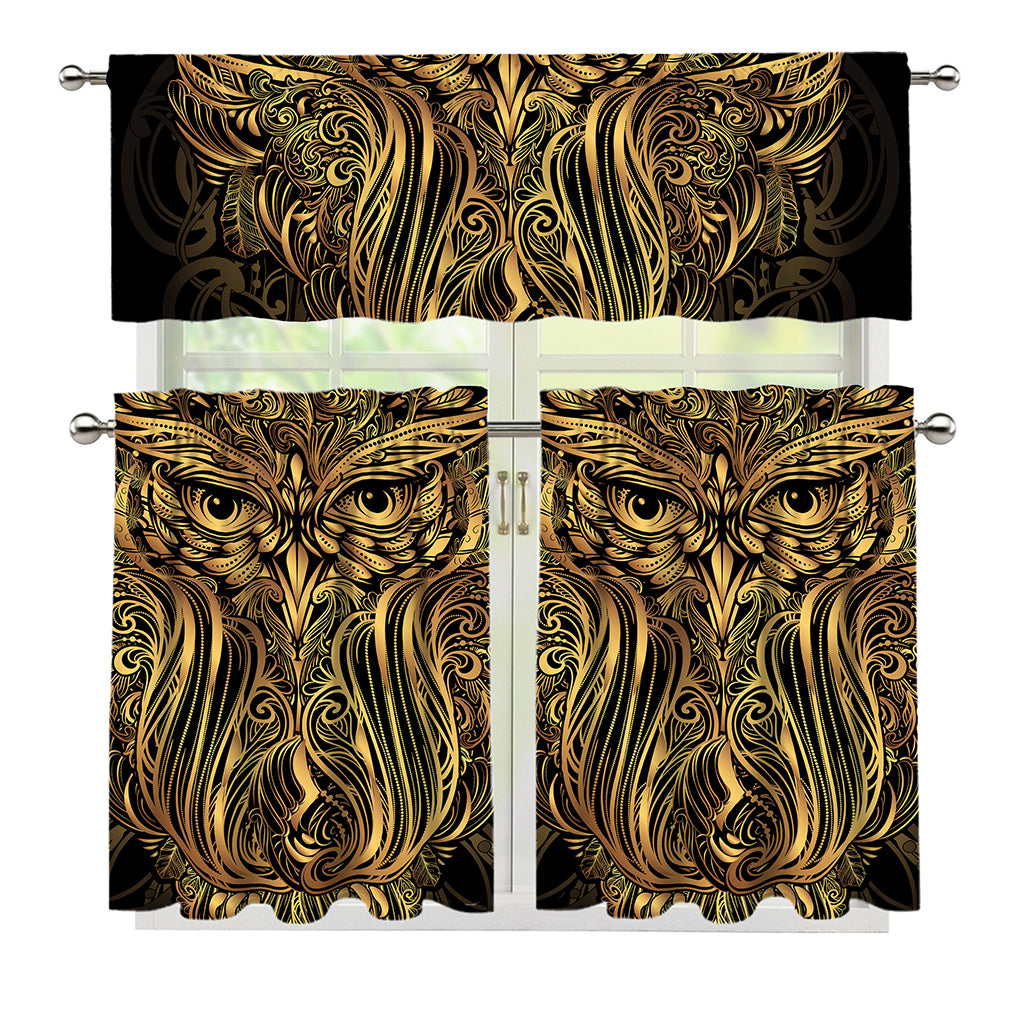 Gold Owl Spirit Print 3 Piece Kitchen Curtains