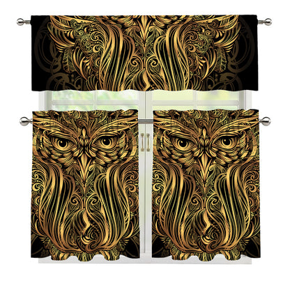 Gold Owl Spirit Print 3 Piece Kitchen Curtains
