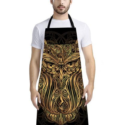 Gold Owl Spirit Print Bib Apron With Pocket