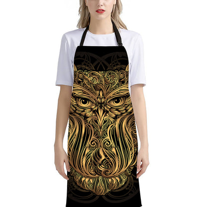 Gold Owl Spirit Print Bib Apron With Pocket