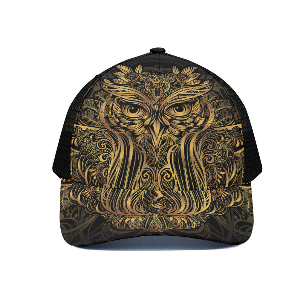 Gold Owl Spirit Print Black Mesh Trucker Cap