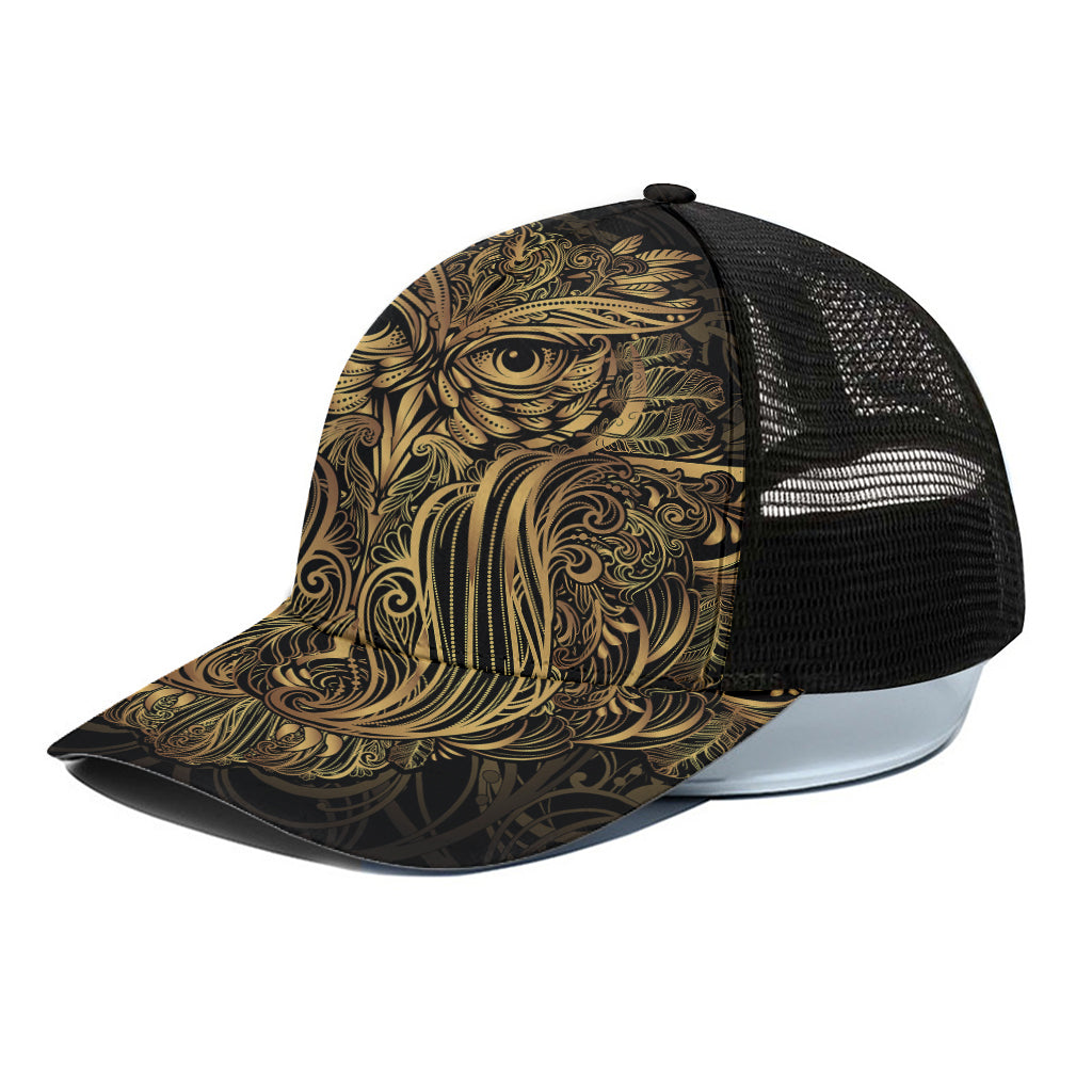 Gold Owl Spirit Print Black Mesh Trucker Cap