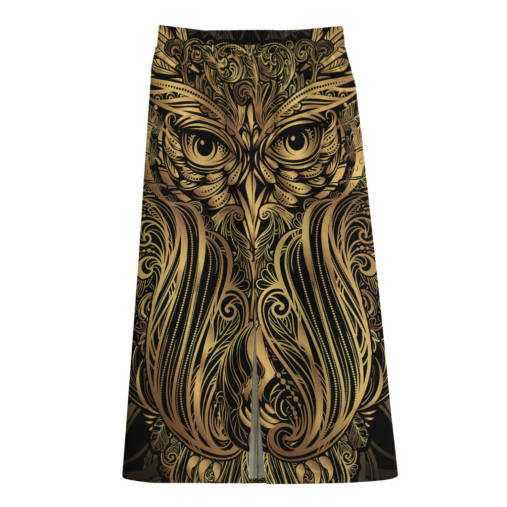 Gold Owl Spirit Print Cotton Front Slit Maxi Skirt