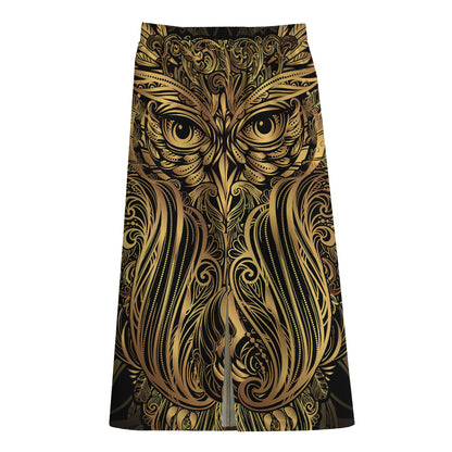 Gold Owl Spirit Print Cotton Front Slit Maxi Skirt