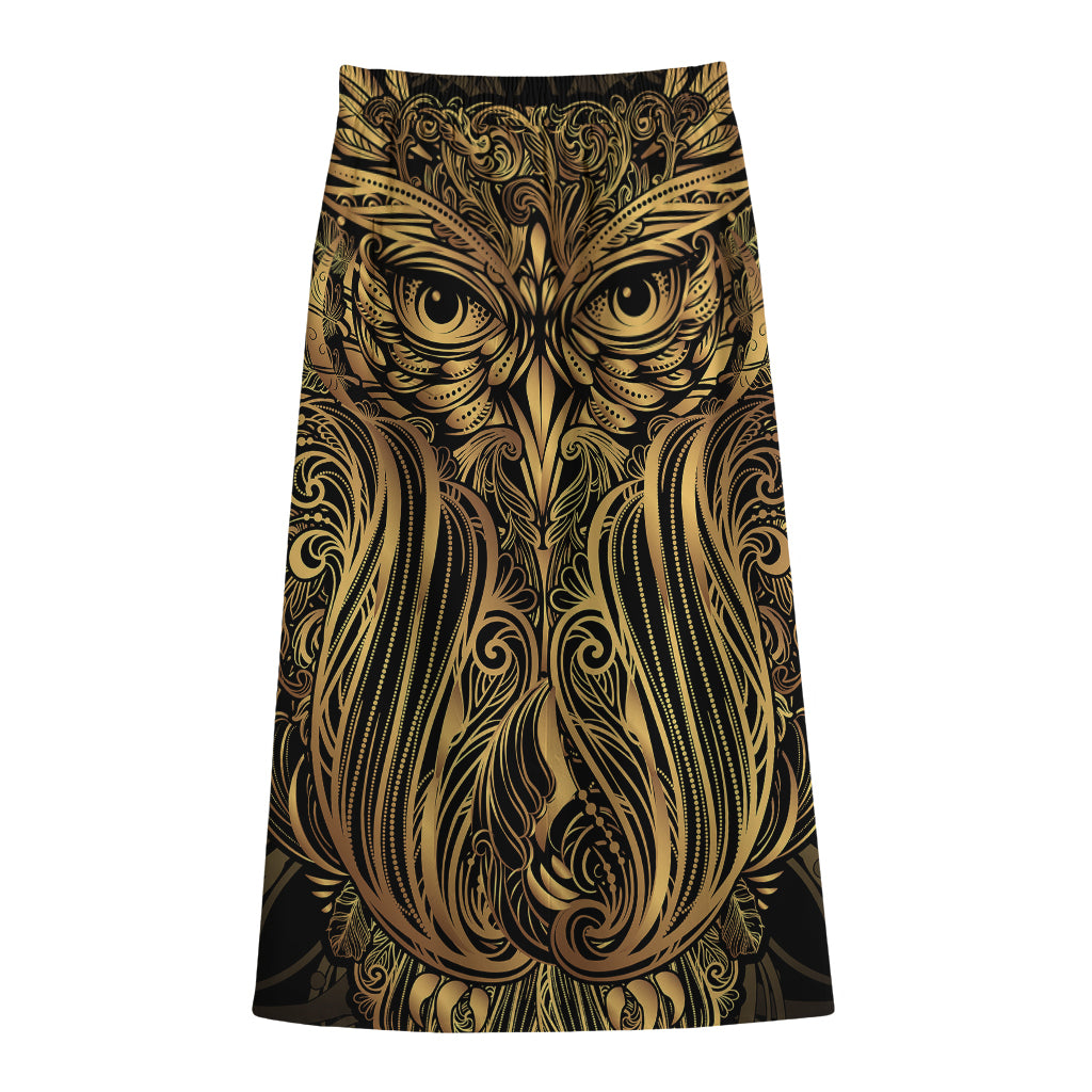 Gold Owl Spirit Print Cotton Front Slit Maxi Skirt