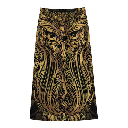 Gold Owl Spirit Print Cotton Front Slit Maxi Skirt