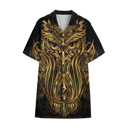 Gold Owl Spirit Print Cotton Hawaiian Shirt