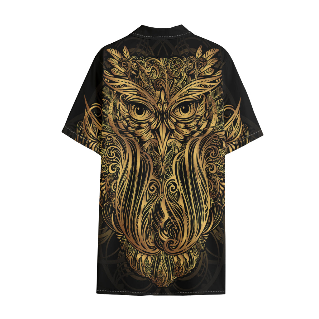 Gold Owl Spirit Print Cotton Hawaiian Shirt