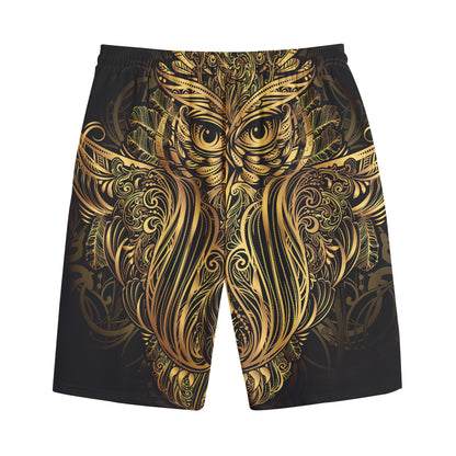 Gold Owl Spirit Print Cotton Shorts
