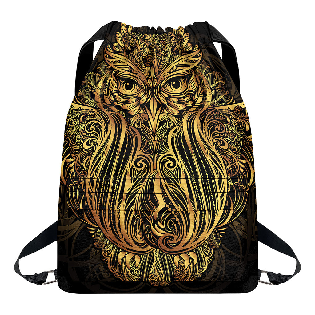 Gold Owl Spirit Print Drawstring Backpack