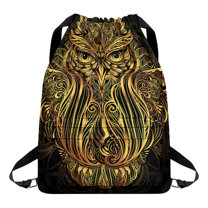 Gold Owl Spirit Print Drawstring Backpack