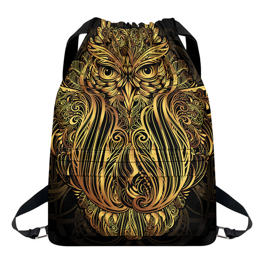 Gold Owl Spirit Print Drawstring Backpack
