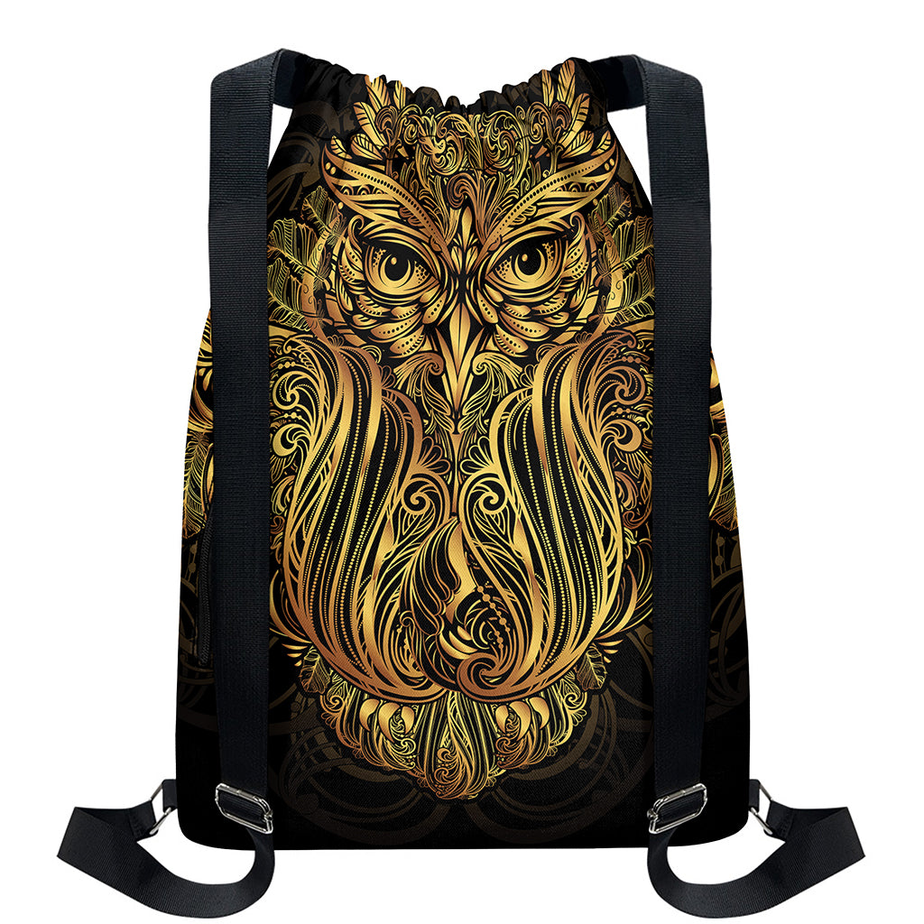Gold Owl Spirit Print Drawstring Backpack