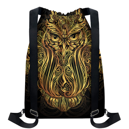 Gold Owl Spirit Print Drawstring Backpack