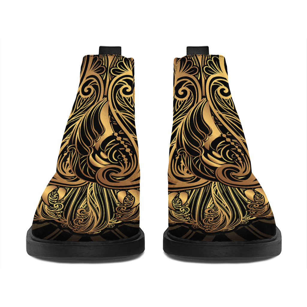 Gold Owl Spirit Print Flat Ankle Boots