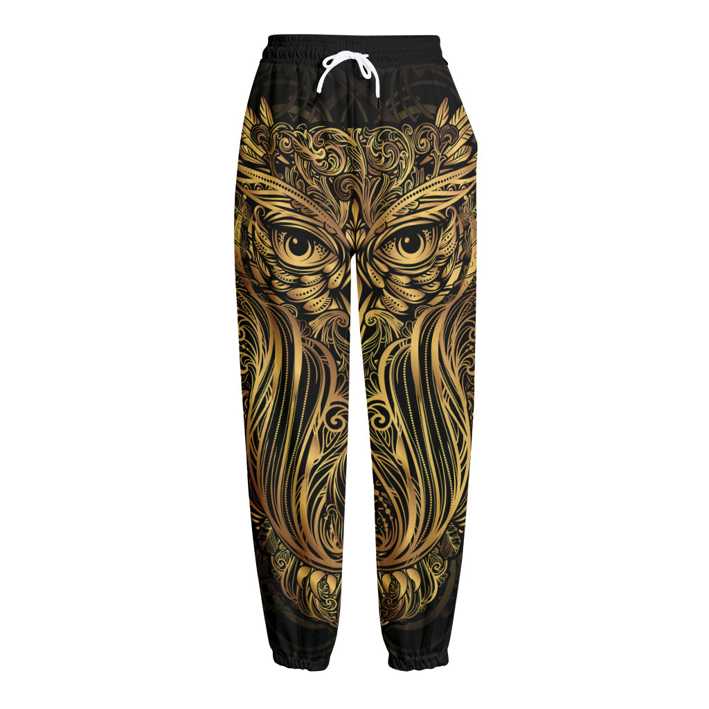 Gold Owl Spirit Print Fleece Lined Knit Pants
