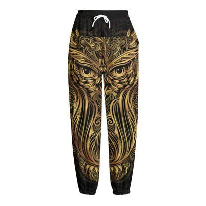 Gold Owl Spirit Print Fleece Lined Knit Pants