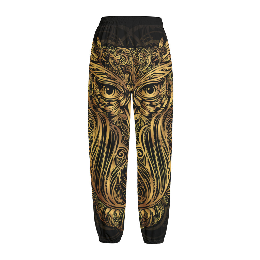Gold Owl Spirit Print Fleece Lined Knit Pants