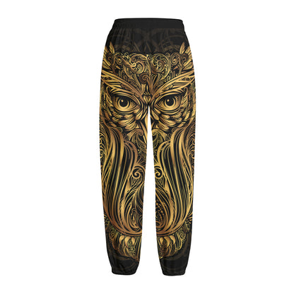 Gold Owl Spirit Print Fleece Lined Knit Pants