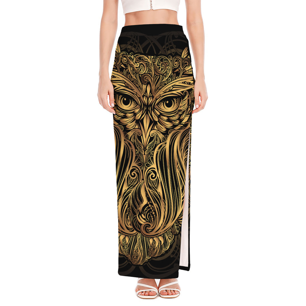 Gold Owl Spirit Print High Slit Maxi Skirt