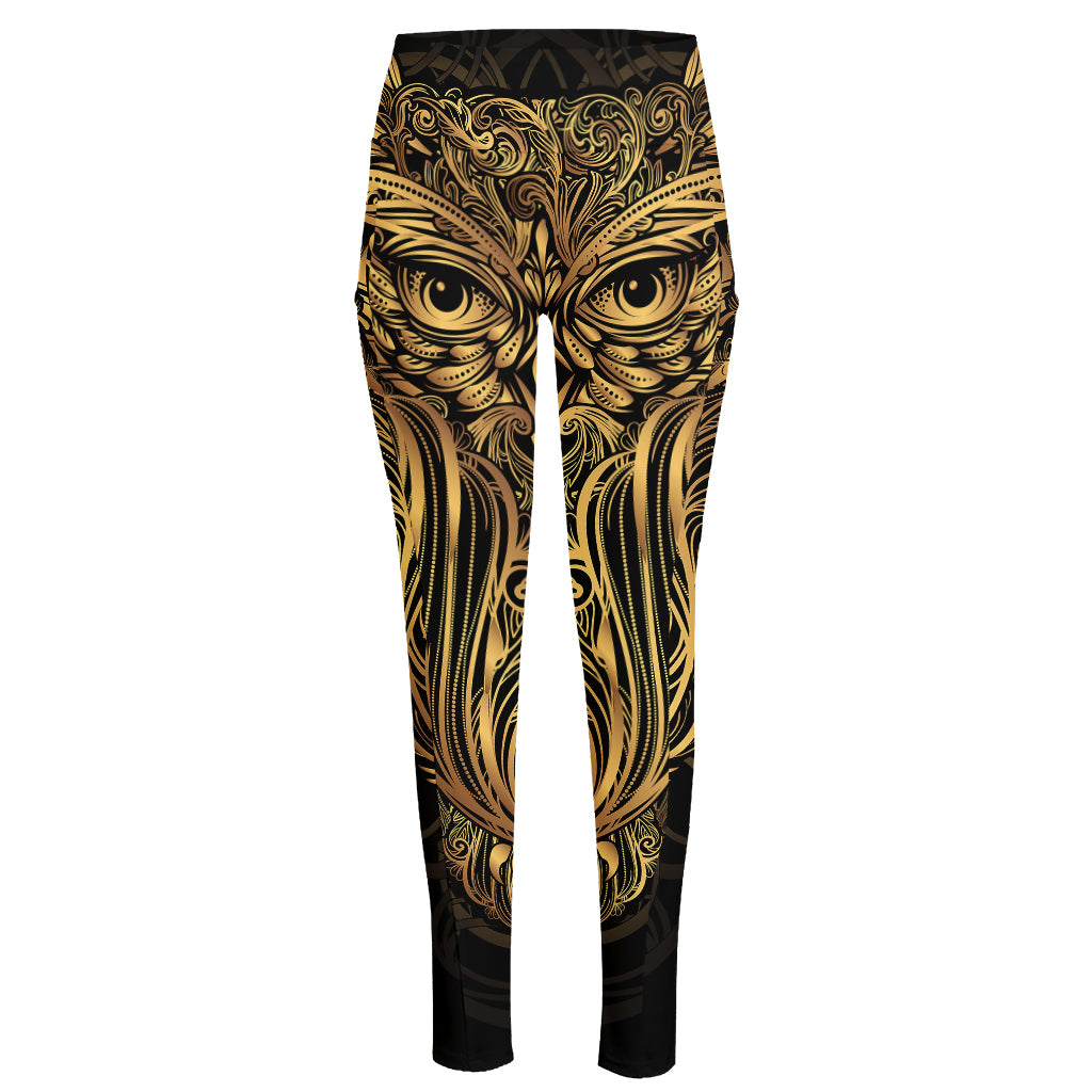 Gold Owl Spirit Print High-Waisted Pocket Leggings