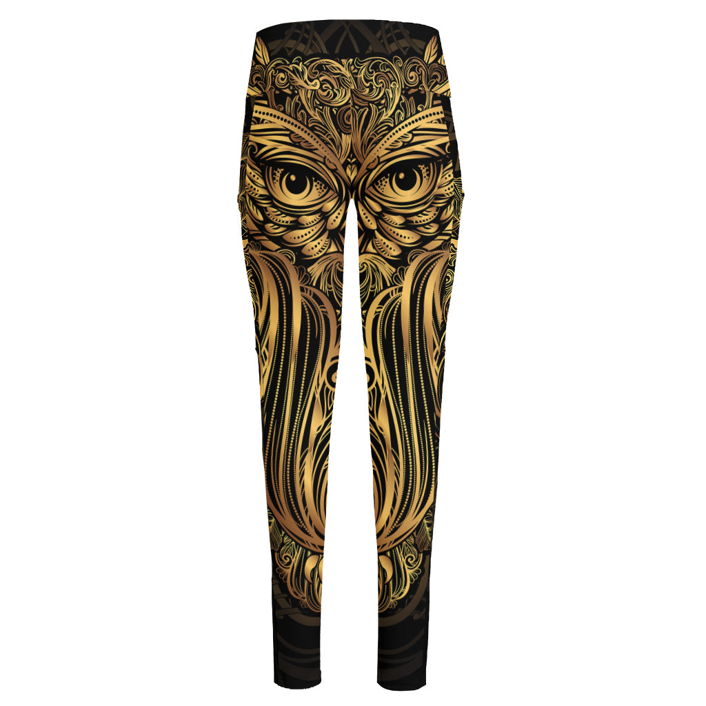 Gold Owl Spirit Print High-Waisted Pocket Leggings