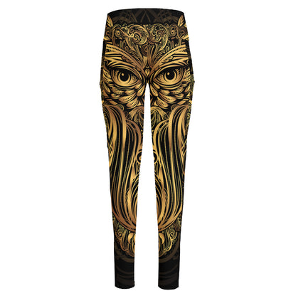 Gold Owl Spirit Print High-Waisted Pocket Leggings