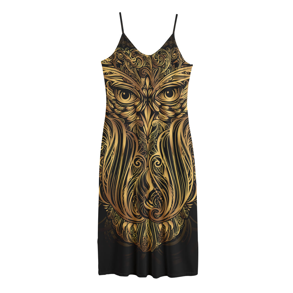 Gold Owl Spirit Print Jersey Midi Cami Dress