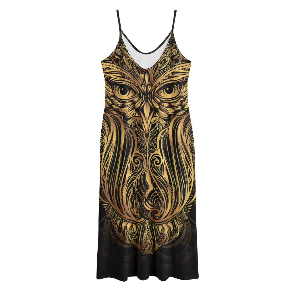 Gold Owl Spirit Print Jersey Midi Cami Dress
