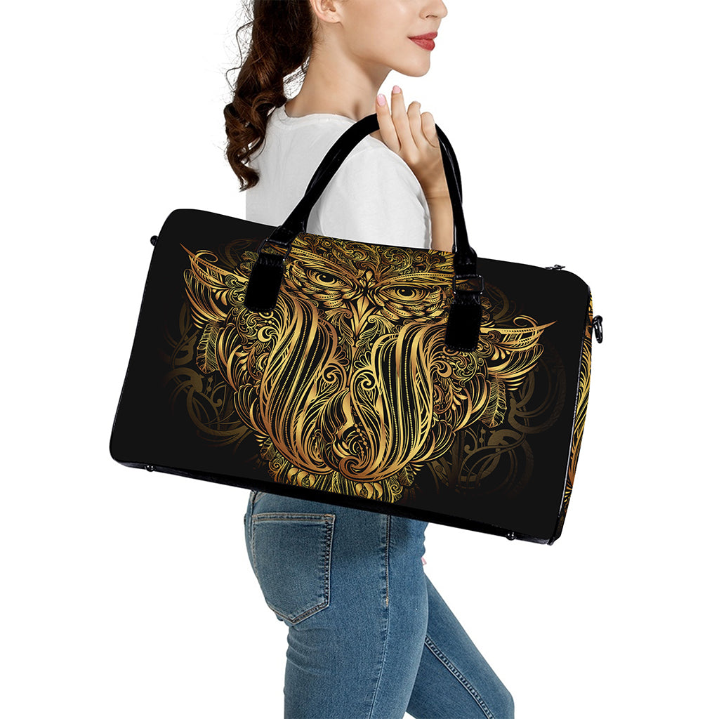 Gold Owl Spirit Print Leather Duffle Bag