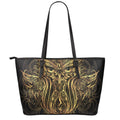 Gold Owl Spirit Print Leather Tote Bag With Zipper